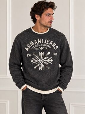 Armani Jeans Men’s Charcoal Gray Snowflake Graphic Crewneck Sweater